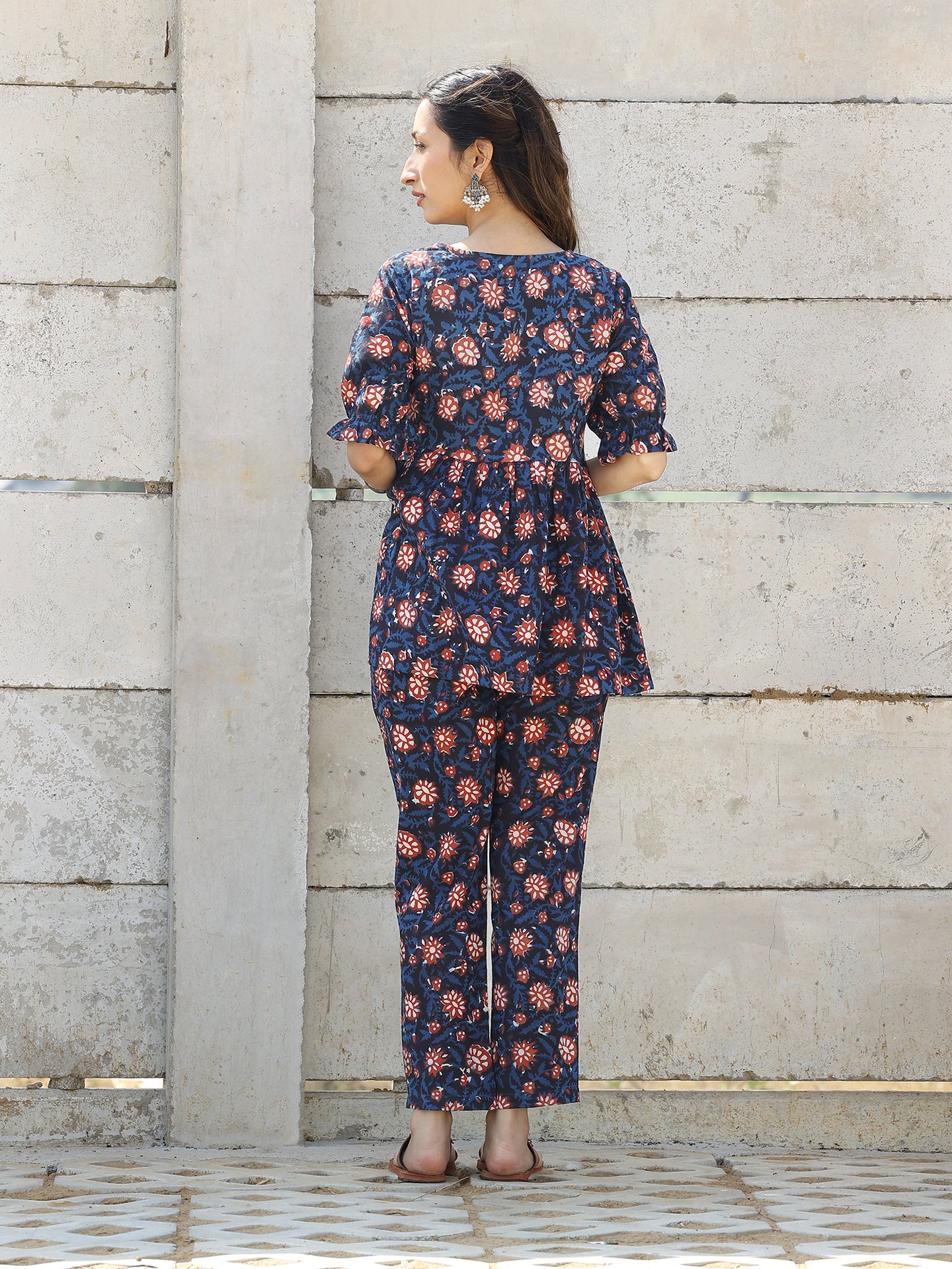 Navy Cotton Hand Block Bagru Printed Cotton CO-ORD Set with Elasticated Sleeve